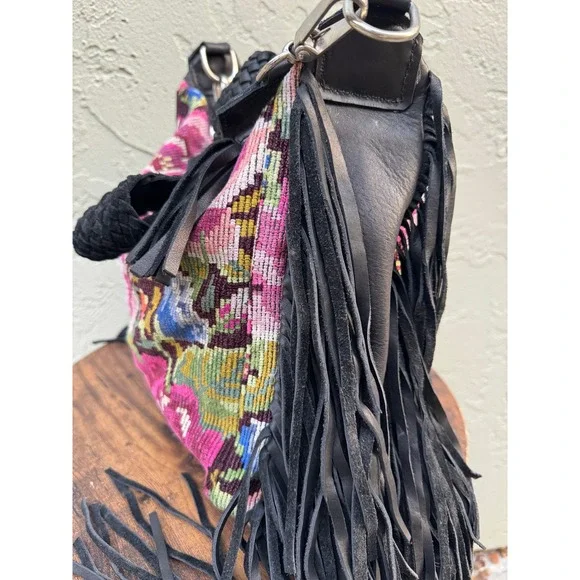 Intrinsic Flair Embroidered Floral Boho Indie Fringe Leather Shoulder Bag Purse - Picture 3 of 11